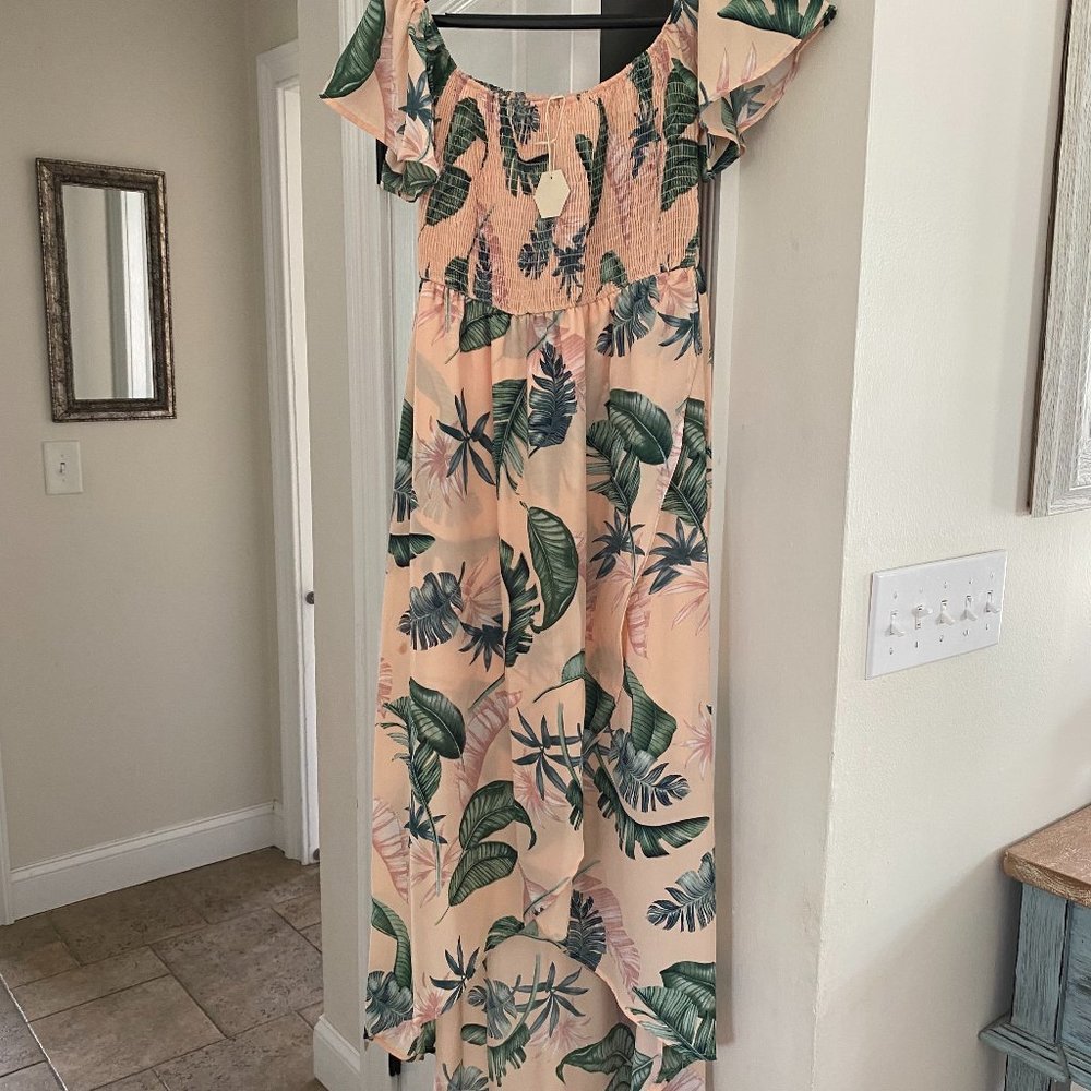 Peach Leaf Print Smocked Maternity Dress